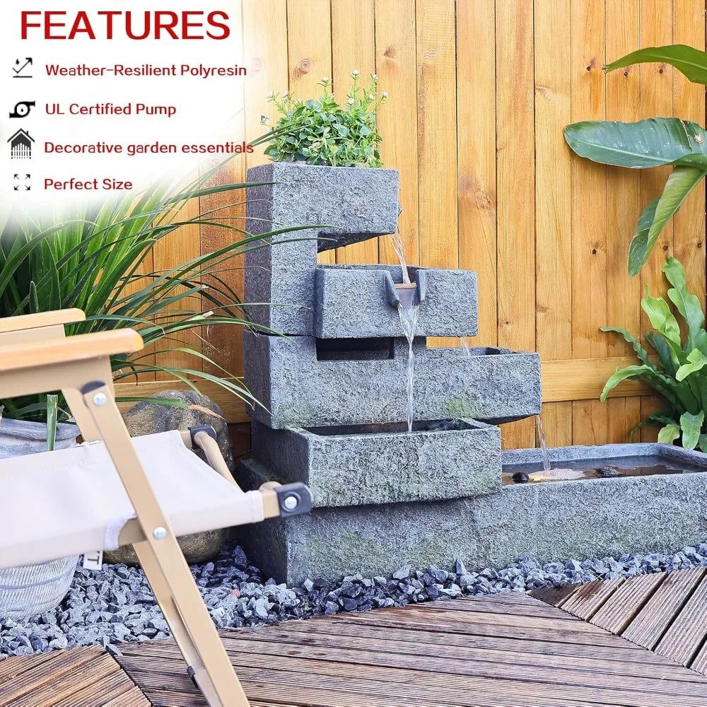 Tiered Outdoor Water Fountain Cascade With LED Lighting