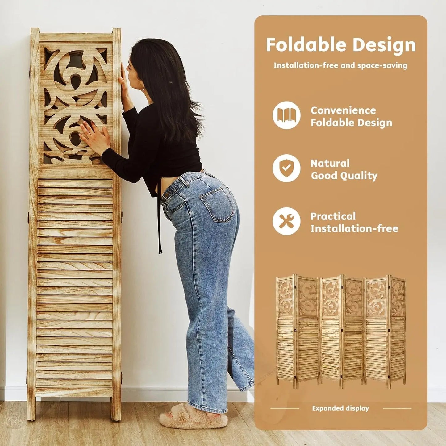 Wood Carved Privacy Screen Freestanding Decorative Partition