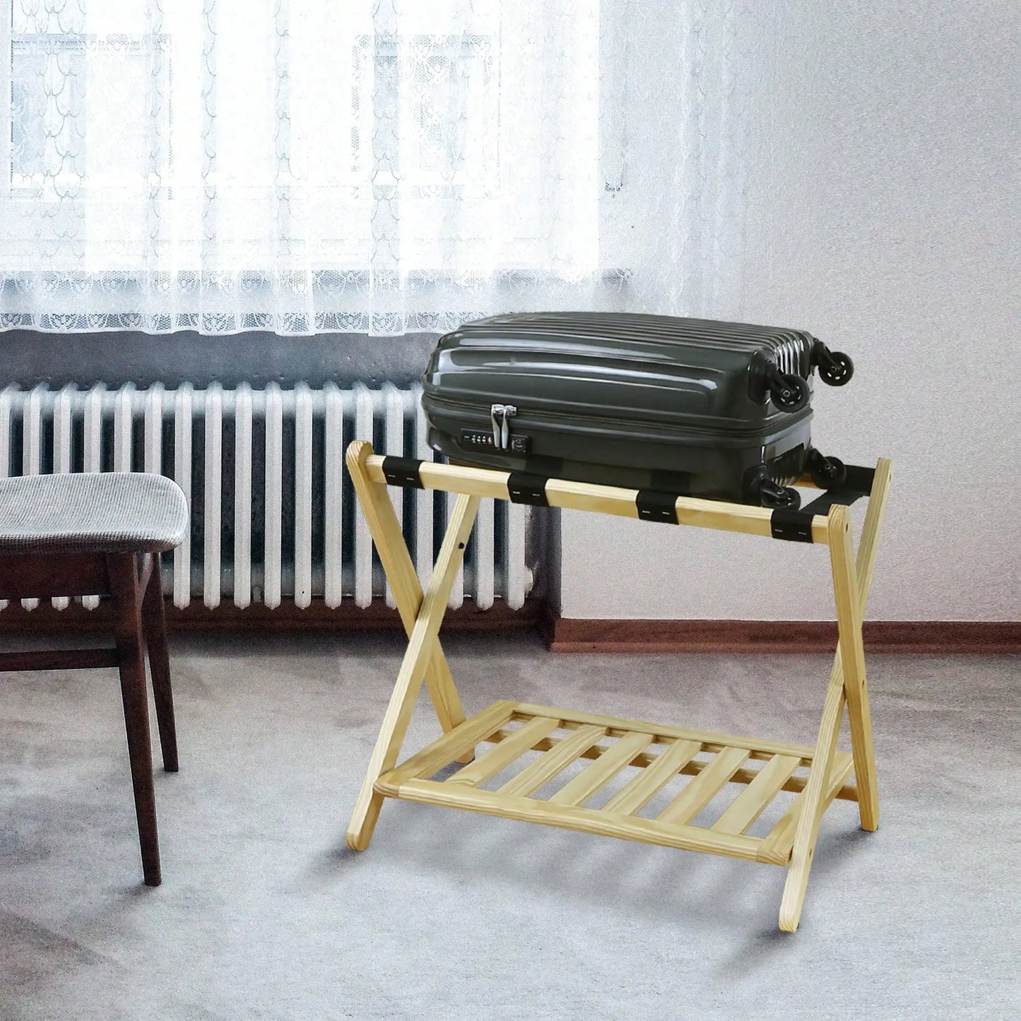 Solid Wood Folding Luggage Rack with Heavy Duty Straps and Storage Shelves