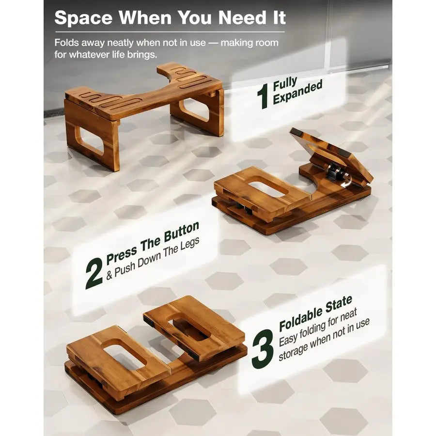 Foldable Toilet Stool Acacia Wood With Adjustable Heights