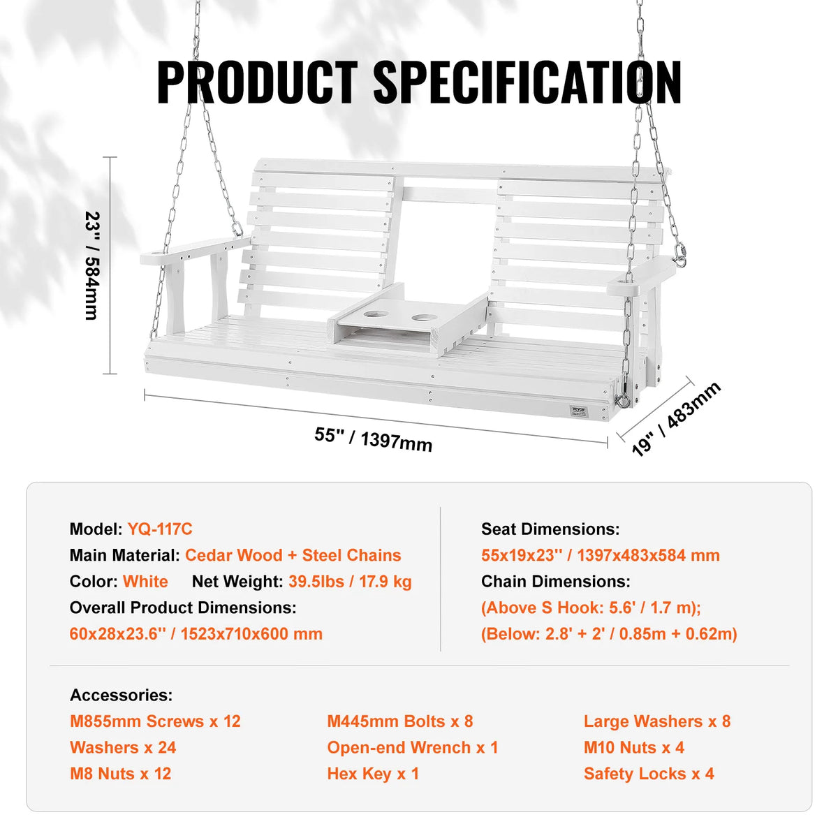 SucceBuy Premium Cedar Wood Outdoor Patio Swing For Garden