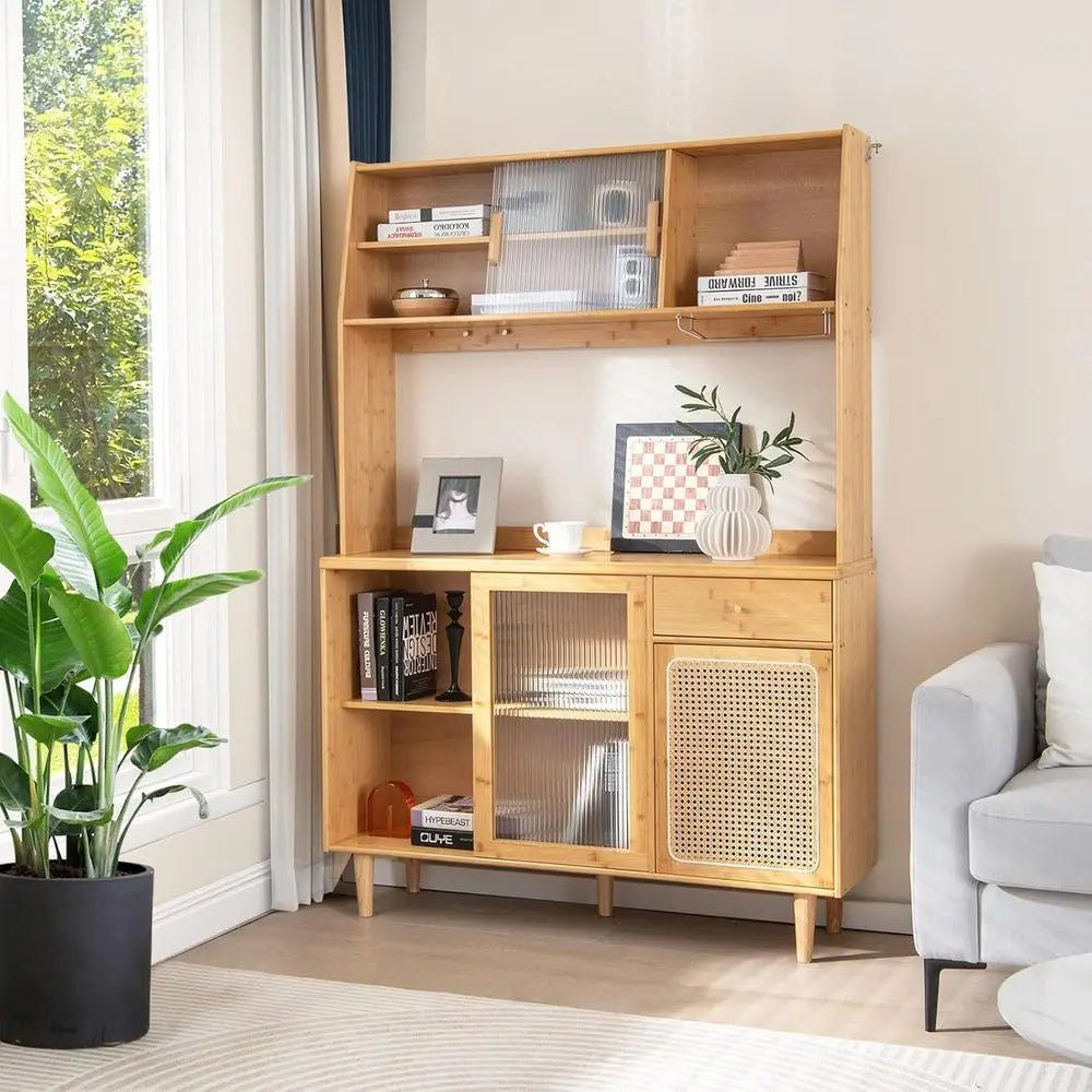 Sturdy Bamboo Pantry Cabinet With Storage And Microwave Stand
