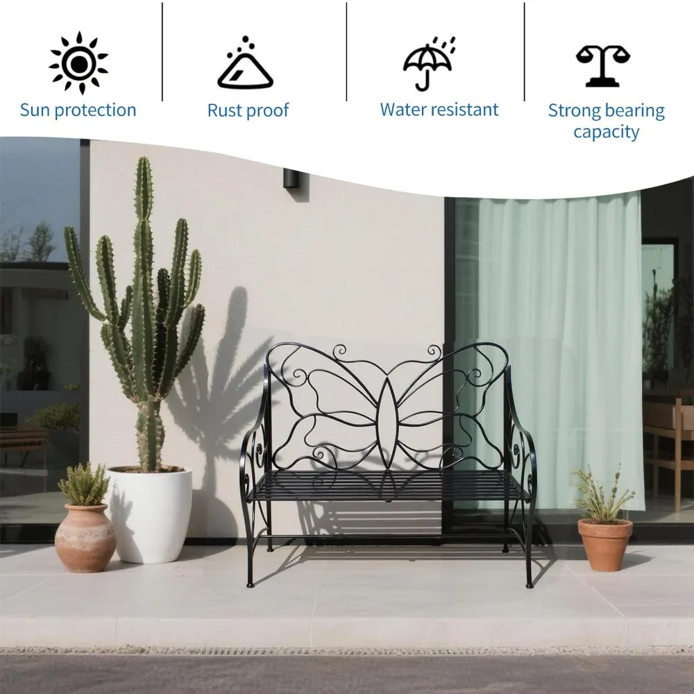 Outdoor Weatherproof Metal Garden Bench With Butterfly Backrest