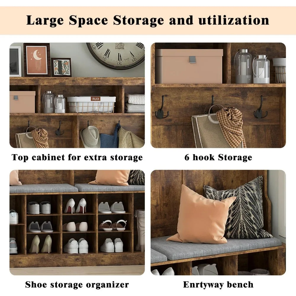 Farmhouse Hall Tree With Bench Shoe Storage Coat Rack
