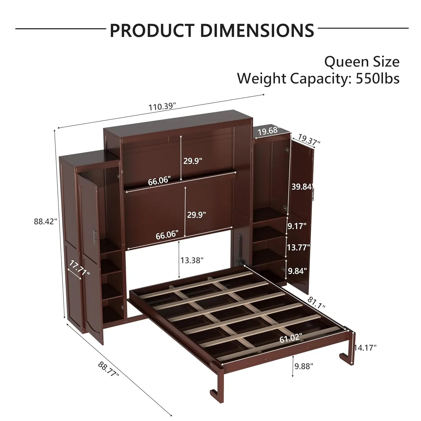 Wood Wall Murphy Bed With Two Closets And Shelving