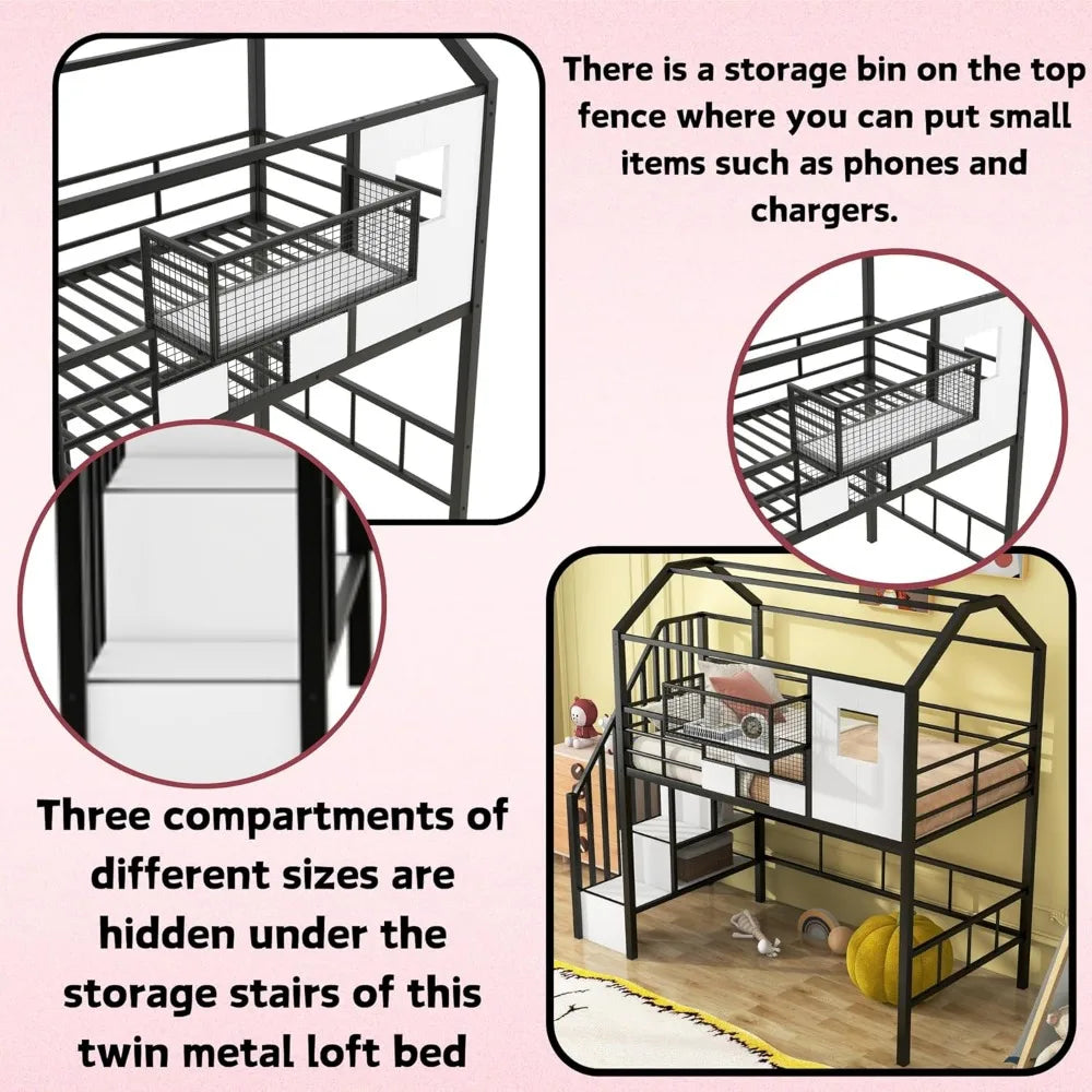 DAFIFY Loft Bed With Stairs And Roof For Kids Sturdy Metal