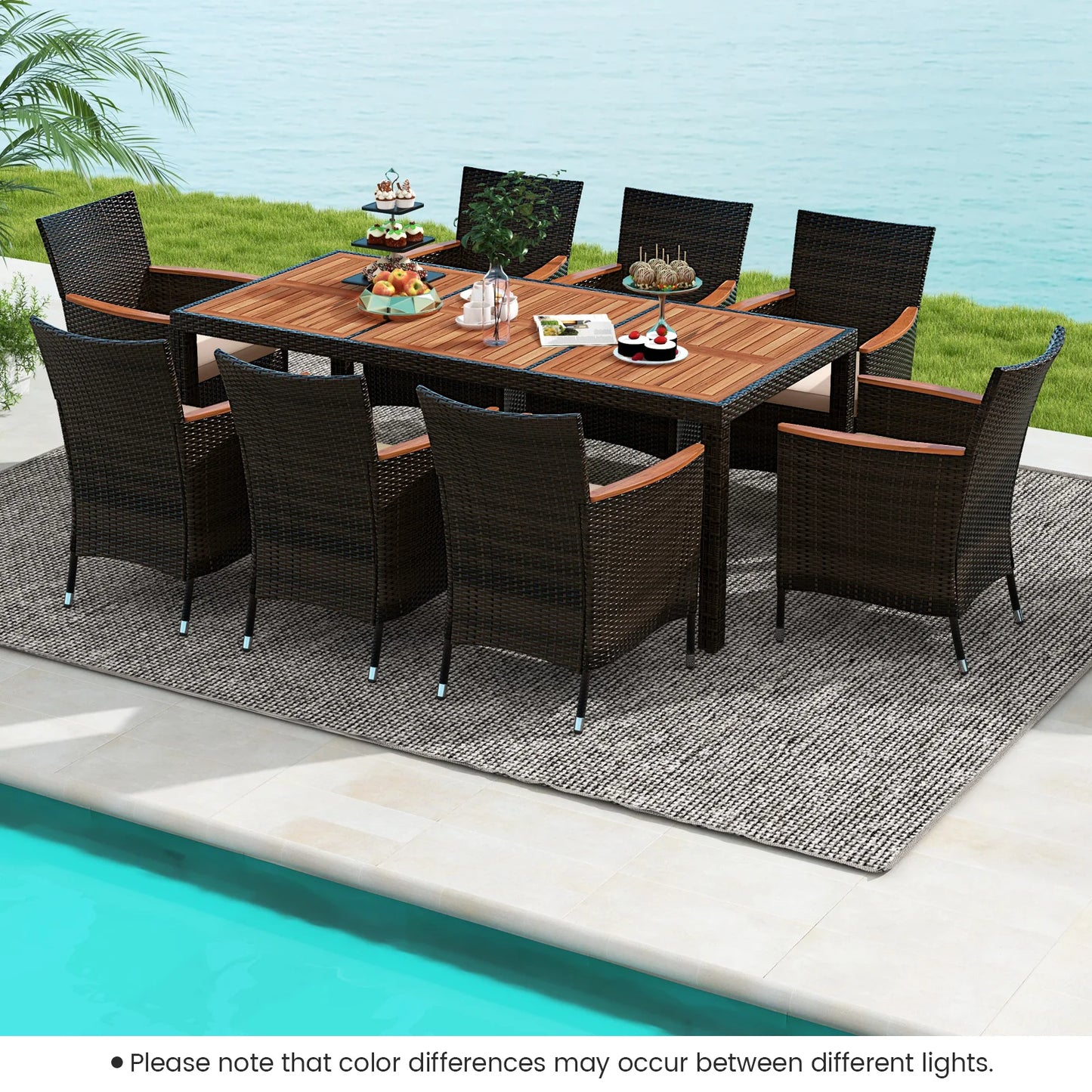 HOMASIS 9Pcs Patio Wicker Dining Set With Umbrella Hole