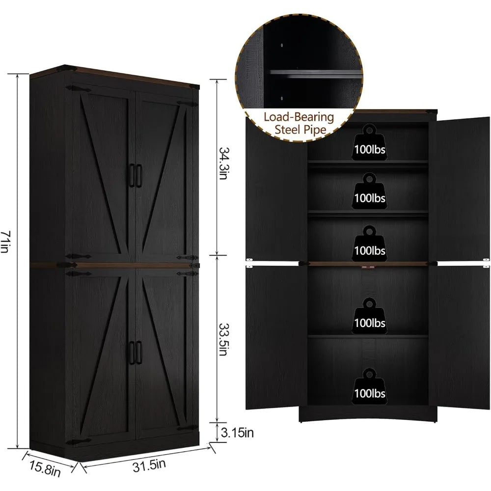 71 Inch Tall Farmhouse Pantry Cabinet with Adjustable Shelves and Steel Pipe