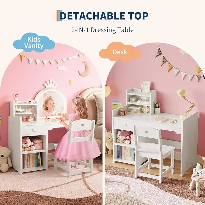 Kids Vanity With Lights Princess Makeup Desk Chair
