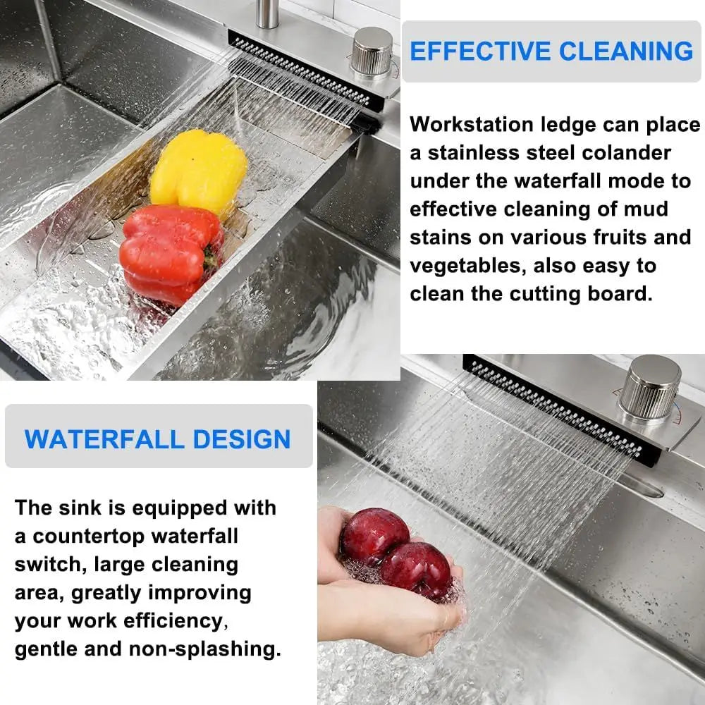 Waterfall Stainless Steel Drop In Kitchen Sink With Faucet Workstation