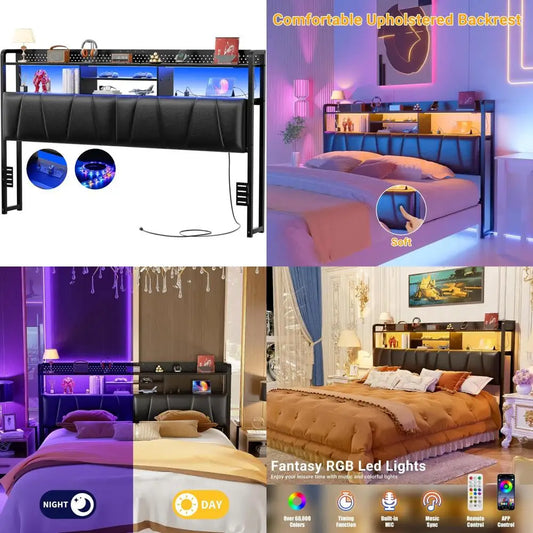 MKDK Bed Frame With Upholstered Headboard USB Outlets LED