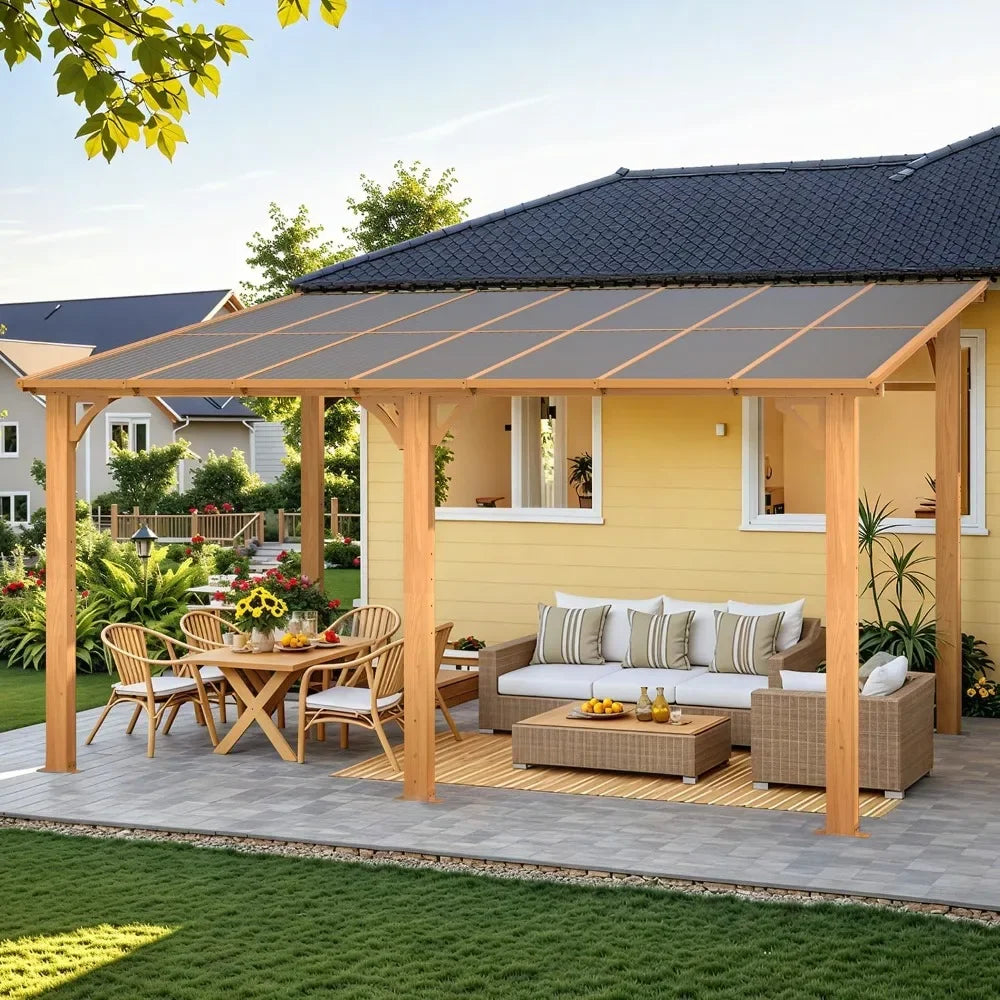 Outdoor Patio Gazebo Pergola With Wood Grain Roof Shade