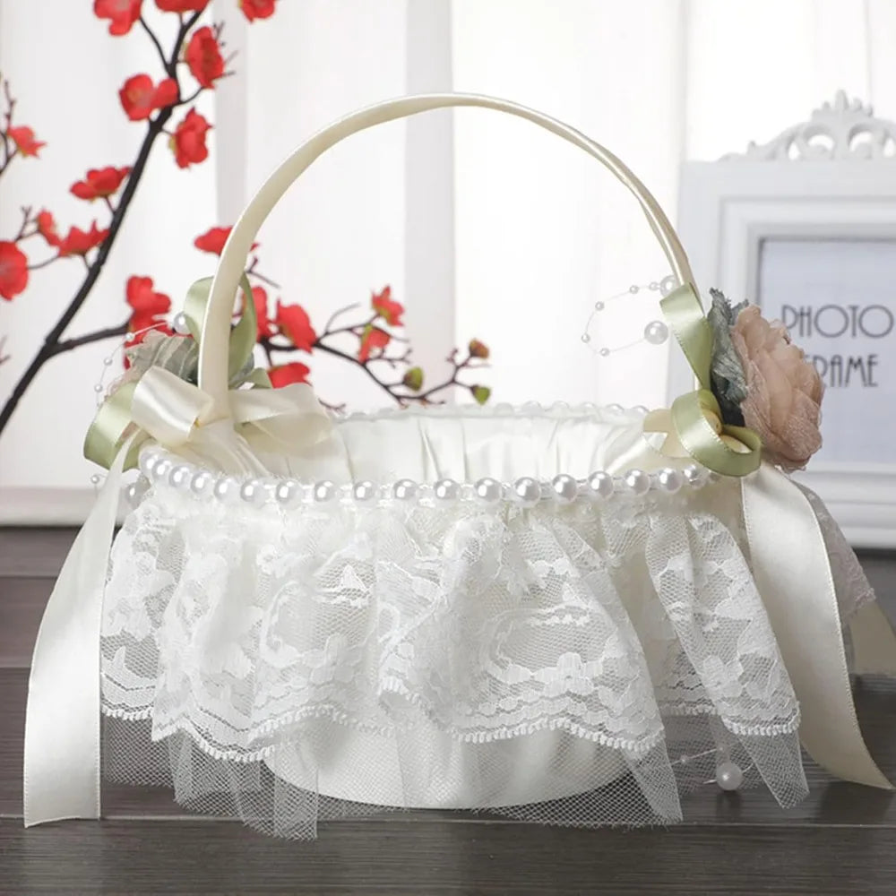 Romantic Wedding Flower Girl Basket With Lace Pearl Decor