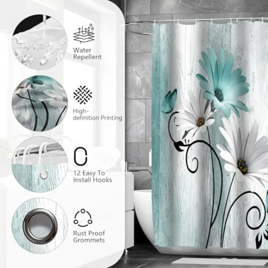Five Piece Daisy Shower Curtain Set With Luxury Rugs