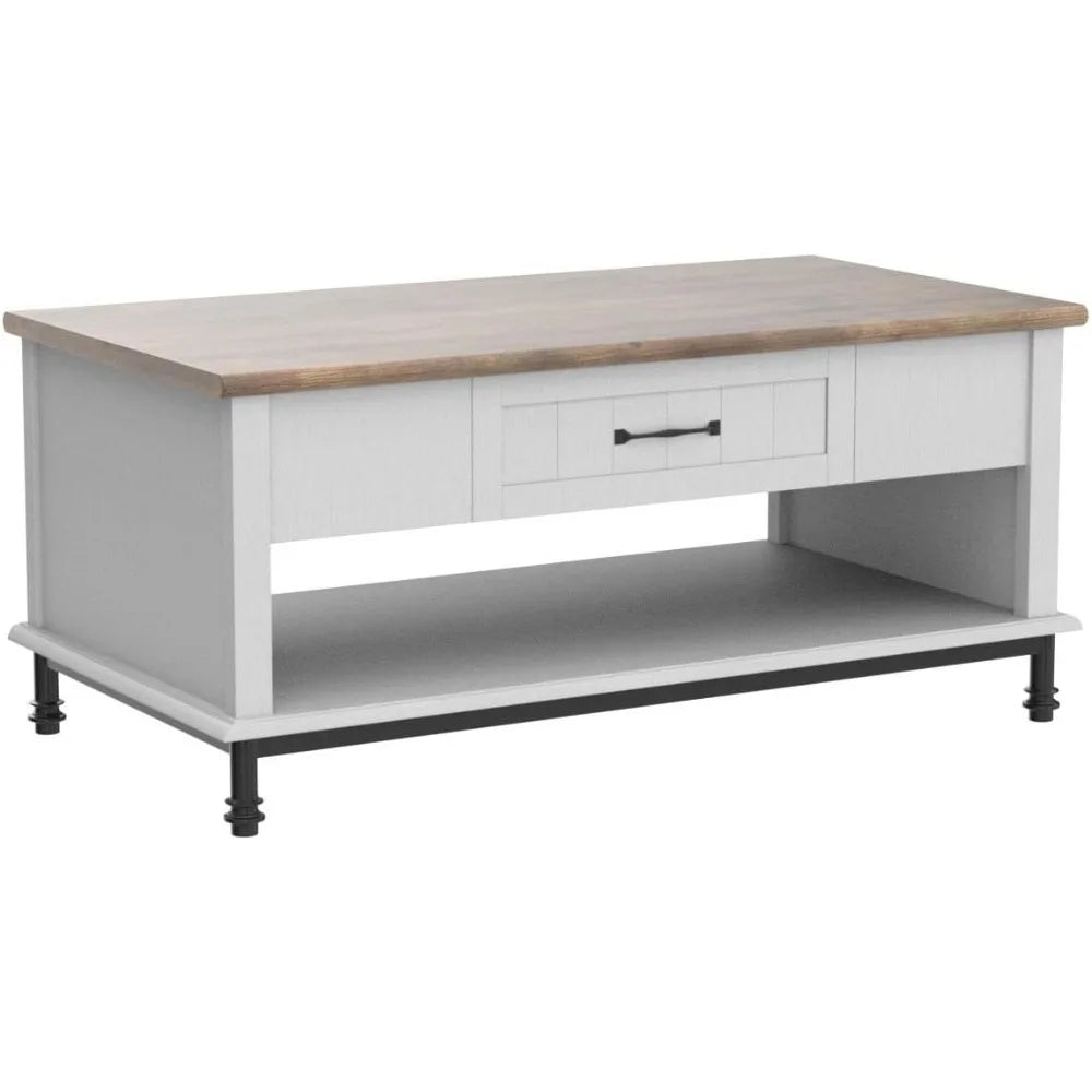 Farmhouse Coffee Table with Yellow LED Lights and Storage for Living Room
