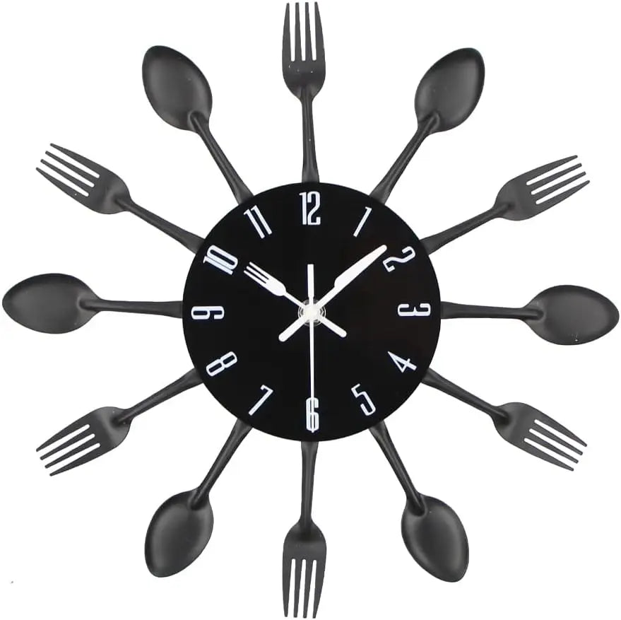 Modern Removable Kitchen Wall Clock Spoon Fork Mirror