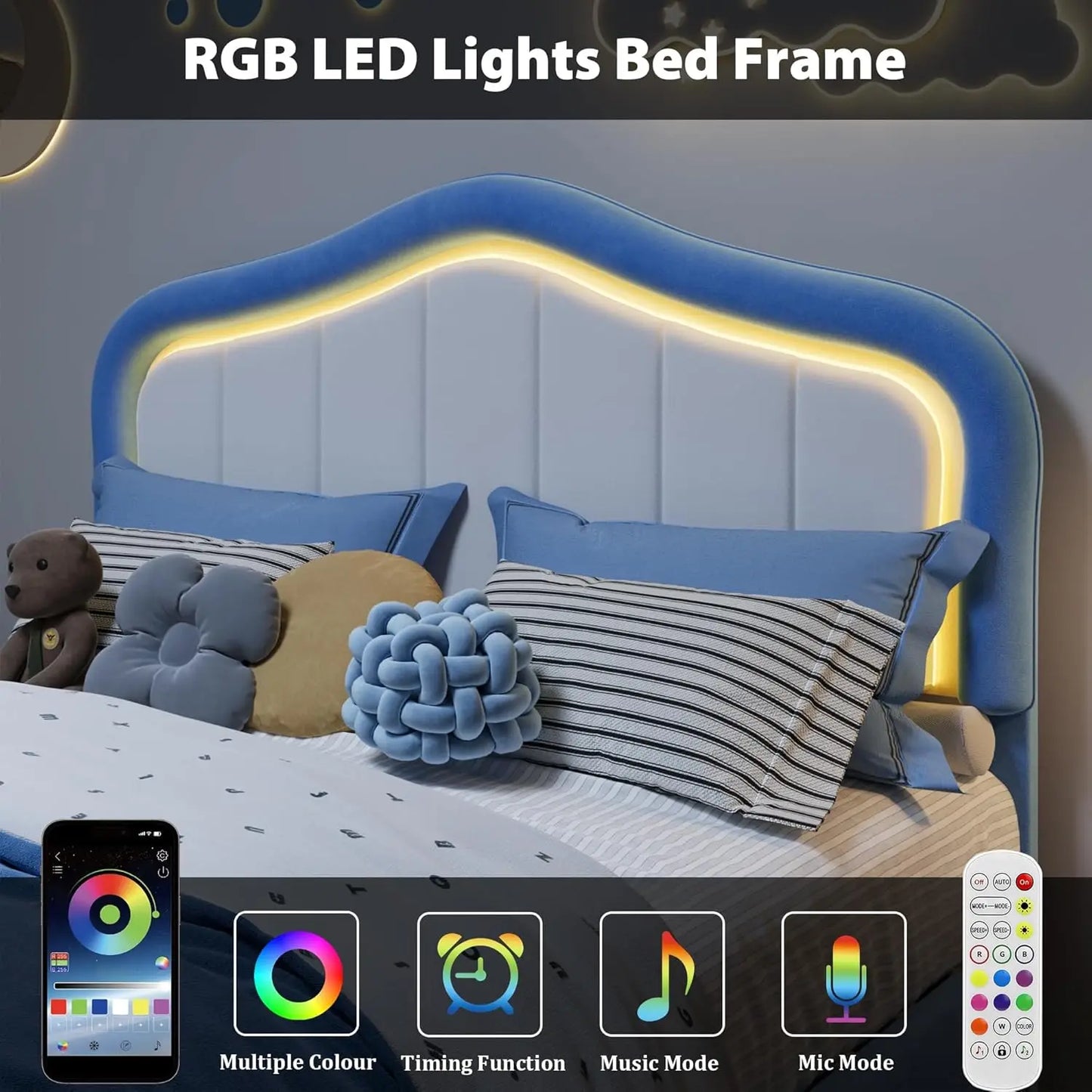 Studyset Kids Upholstered Bed Frame With LED Crown Headboard