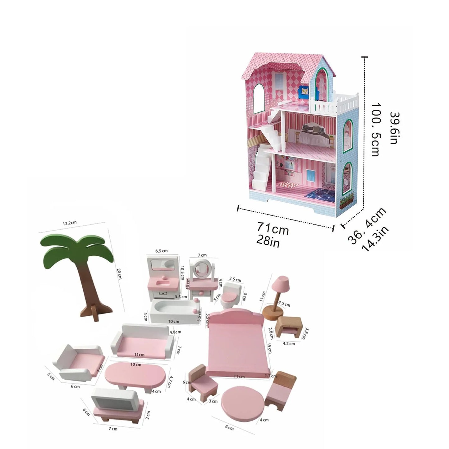 Three Tier Wooden Dollhouse With Furniture Playset For Kids