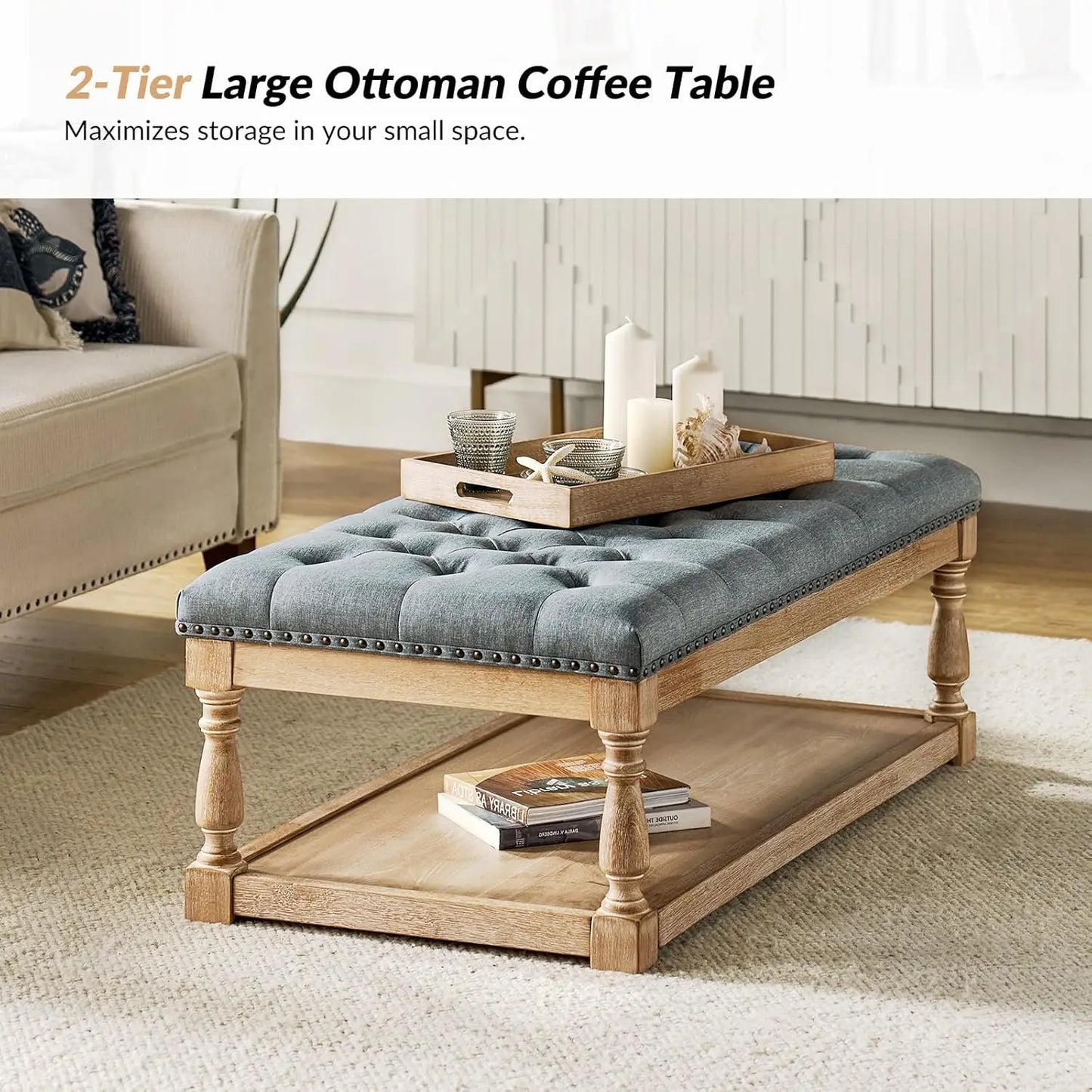 Rectangle Ottoman Coffee Table With Tray And Tufted Wood Storage Shelf