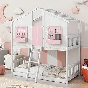 Pine Floor House Bunk Bed With Roof Window Storage
