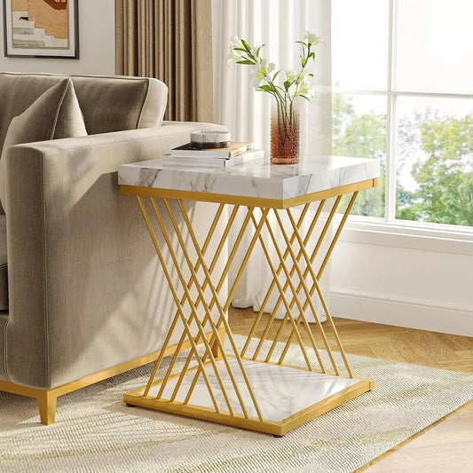 Modern White Gold Square End Table with Storage 2-Tier Faux Marble Design