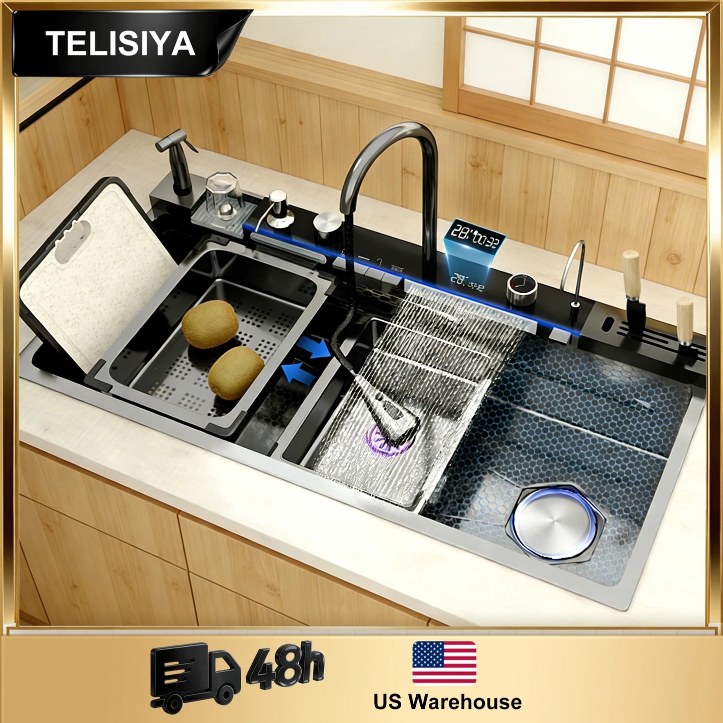 TELISIYA 304 Stainless Steel Waterfall Kitchen Sink With Digital Display Faucet