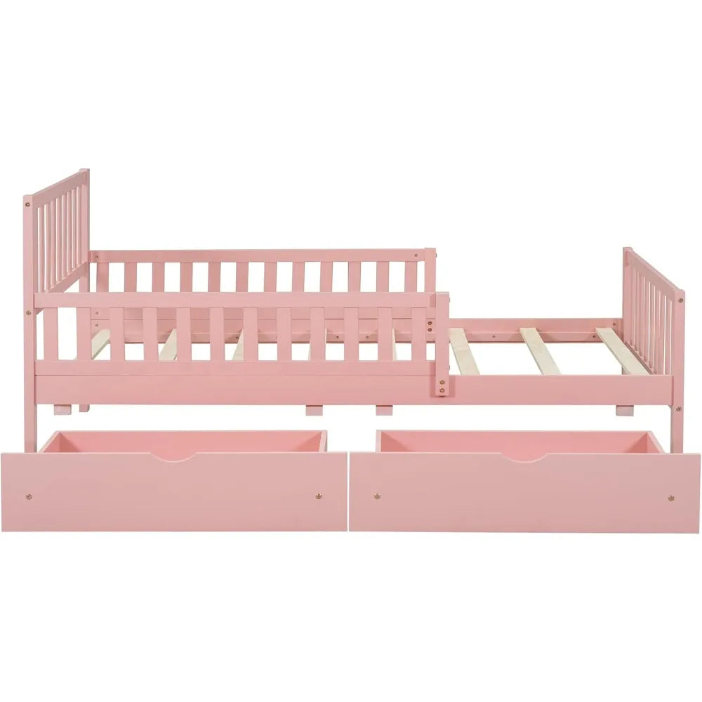 Kids Bed Frame With Guardrails And Drawers Storage Unit