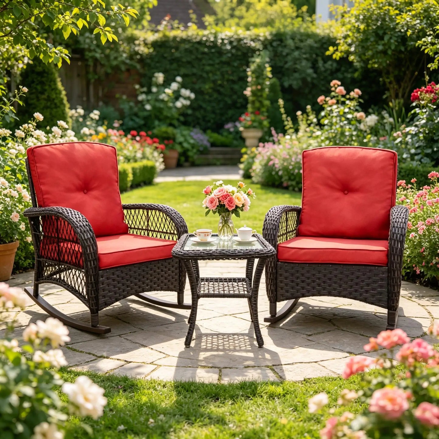 Three Piece Outdoor Wicker Patio Bistro Set With Glass Top Side Table