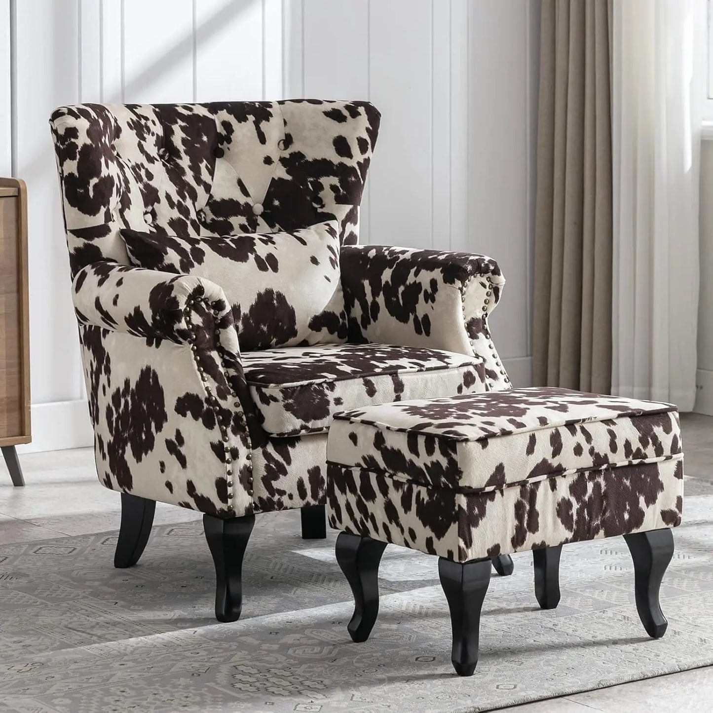 General Chair With Ottoman Wingback Tufted Linen Armchair