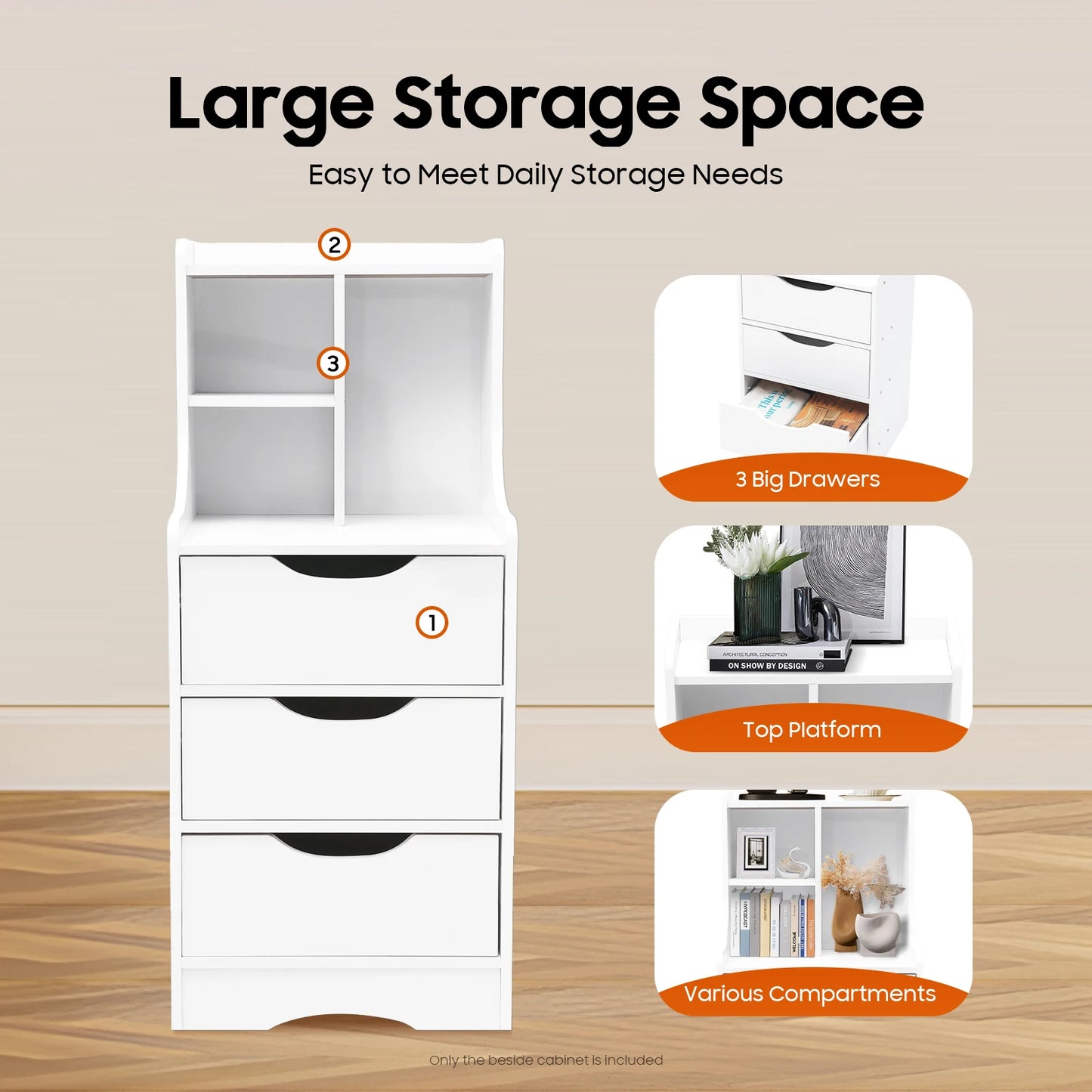 White Vertical Bedside Table Modern Storage Cabinet with Convenient Handles