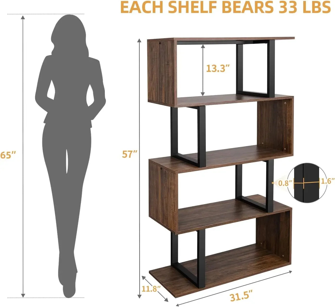Modern 5 Tier S Shaped Bookshelf Multifunctional Geometric Storage Display Shelf