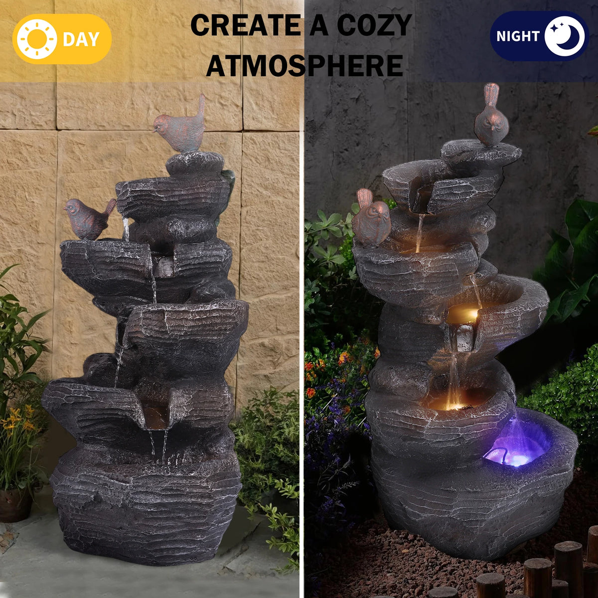 APWIKOGER Rock Waterfall Fountain With LED Lights Garden Decor