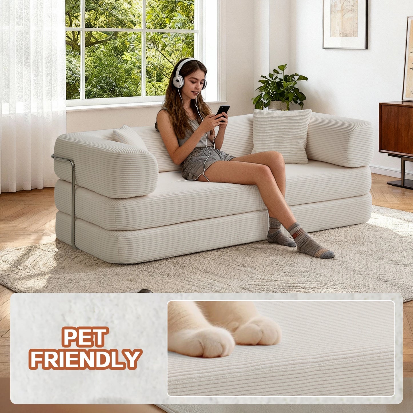 Boneless Couch Futon Sofa Bed With L Shaped Armrests For Living Room
