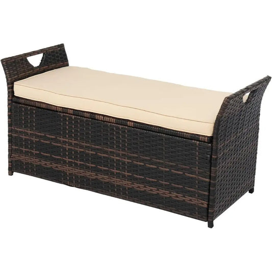 Wicker Storage Bench Cushion Box For Patio And Garden