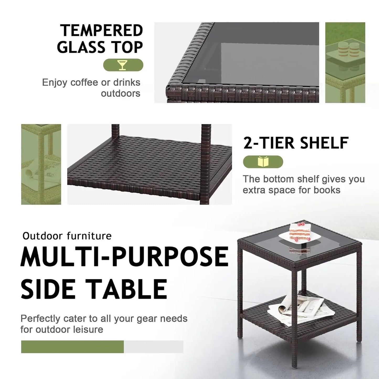 Outdoor Wicker 3 Piece Patio Set Glass Table Weatherproof