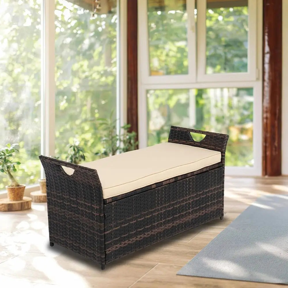 Wicker Storage Bench Cushion Box For Patio And Garden