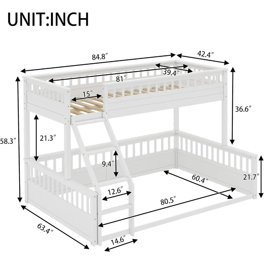 Low Bunk Beds Twin XL Over Queen with Ladder and Guardrail for Kids