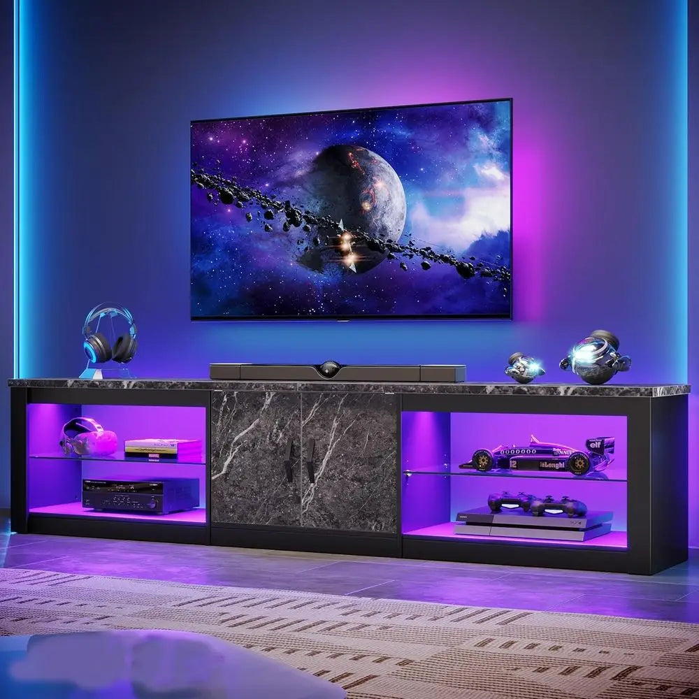 Modern TV Stand Entertainment Center with Adjustable Glass Shelves