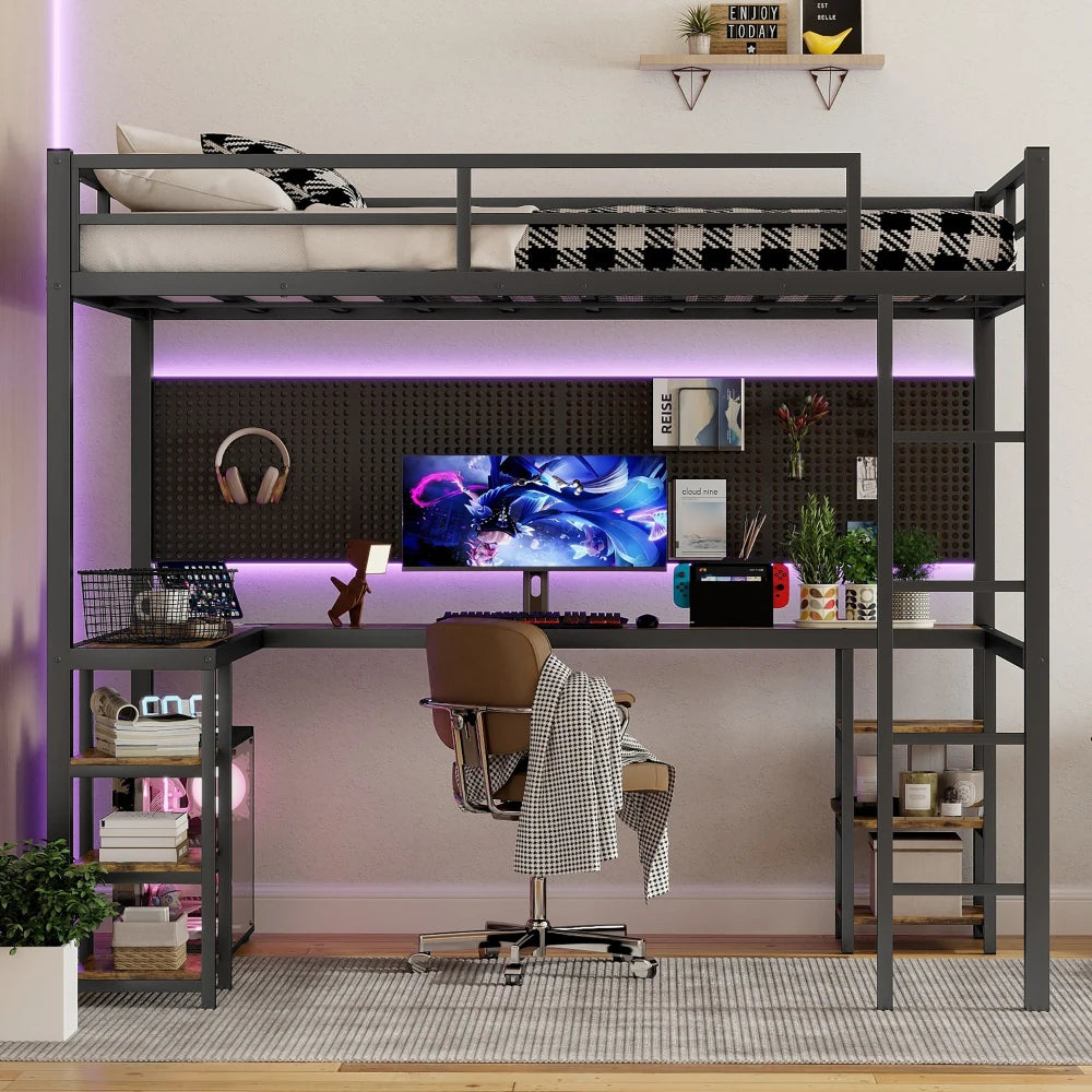 Hign Concerned Metal Loft Bed With Desk And Shelves