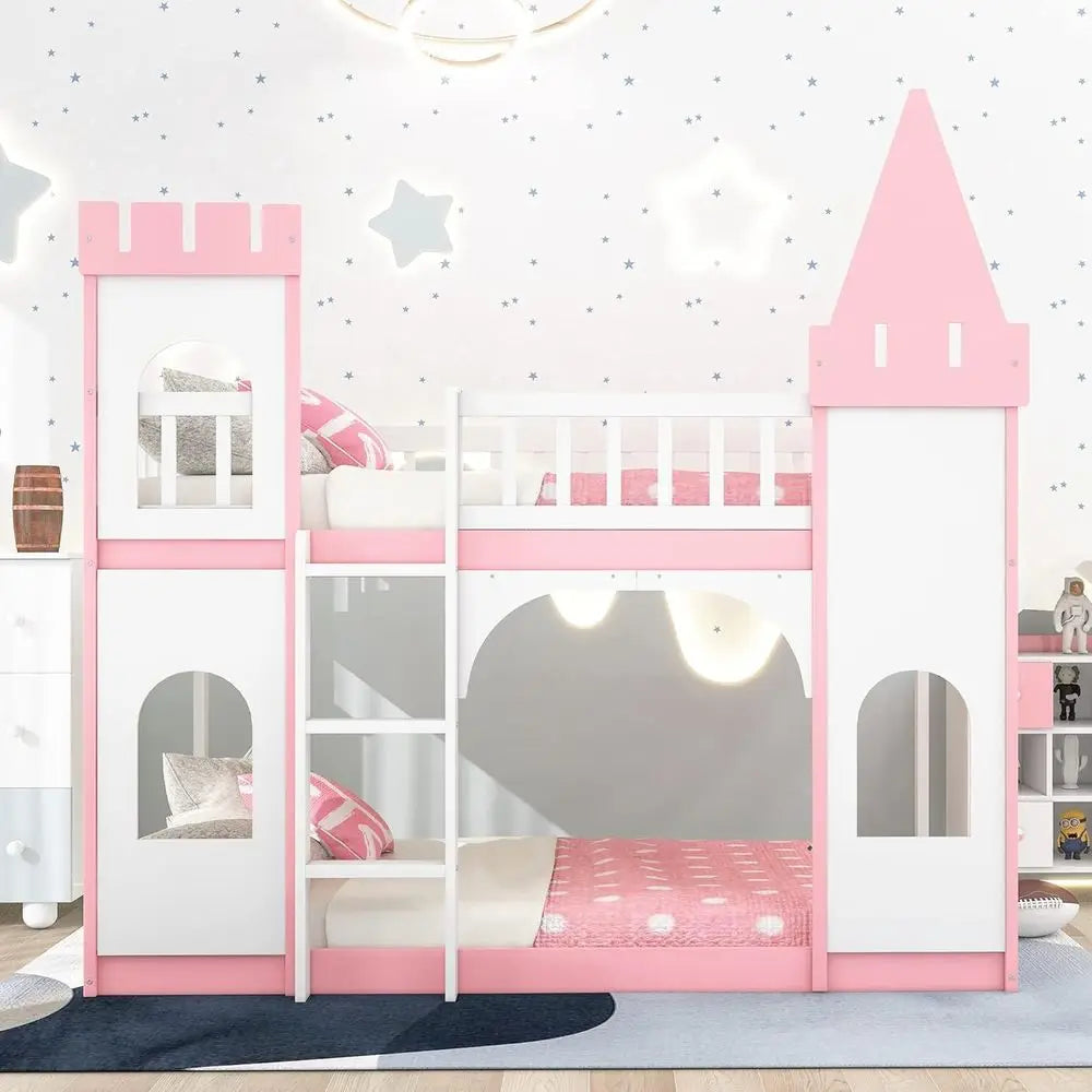 Castle Shaped Loft Bed With Safety Guardrails For Kids