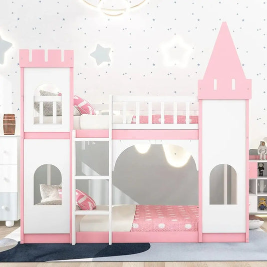Castle Shaped Loft Bed With Safety Guardrails For Kids