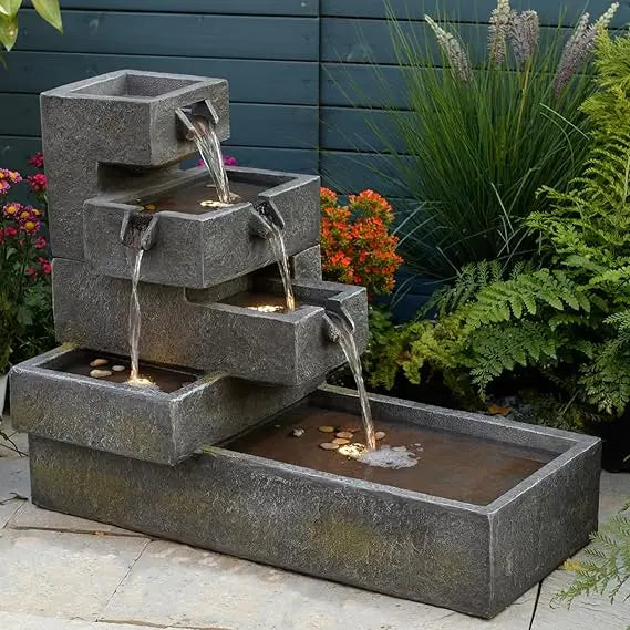 Tiered Outdoor Water Fountain Cascade With LED Lighting