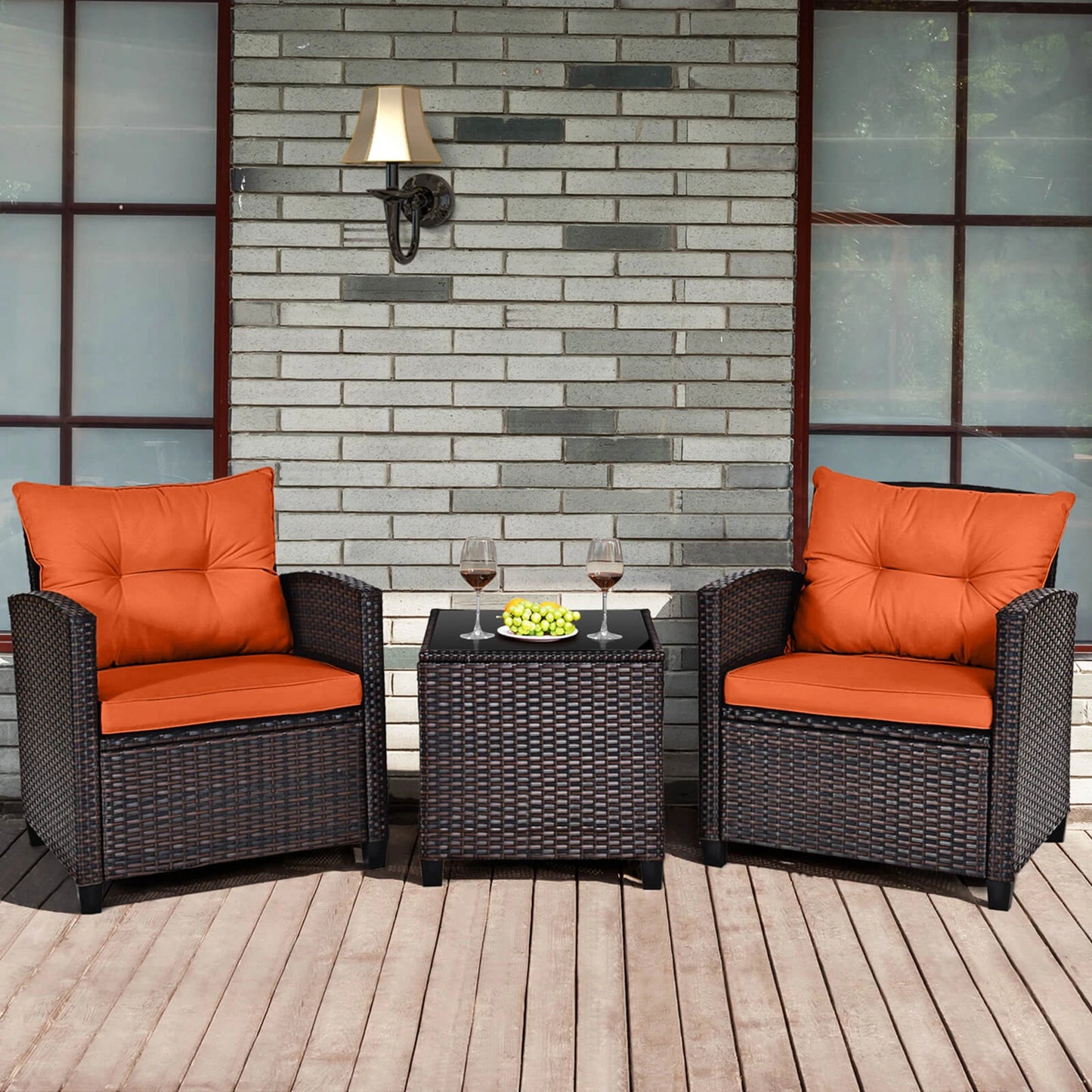 HOMASIS Patio Rattan 3Piece Cushioned Conversation Set