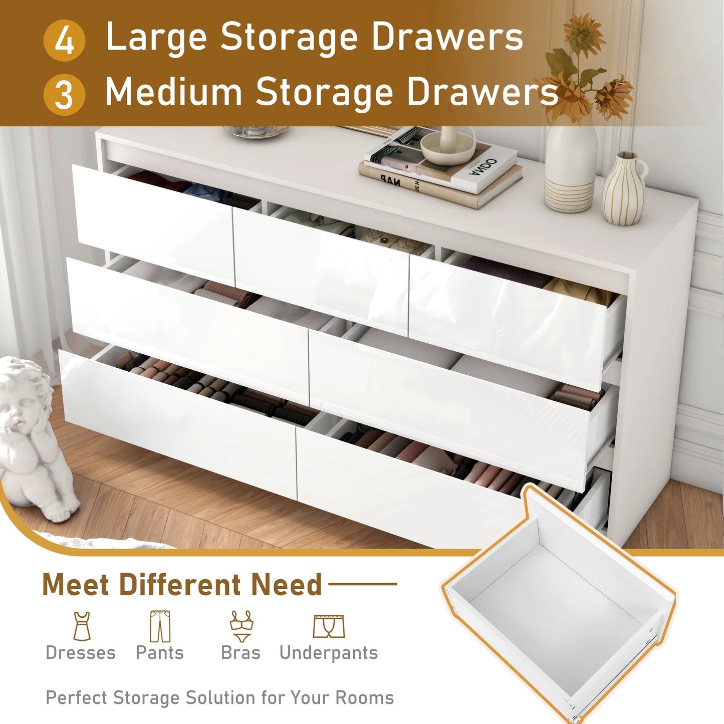 QiaoShiRen 7 Drawer Dresser With High Gloss Drawers