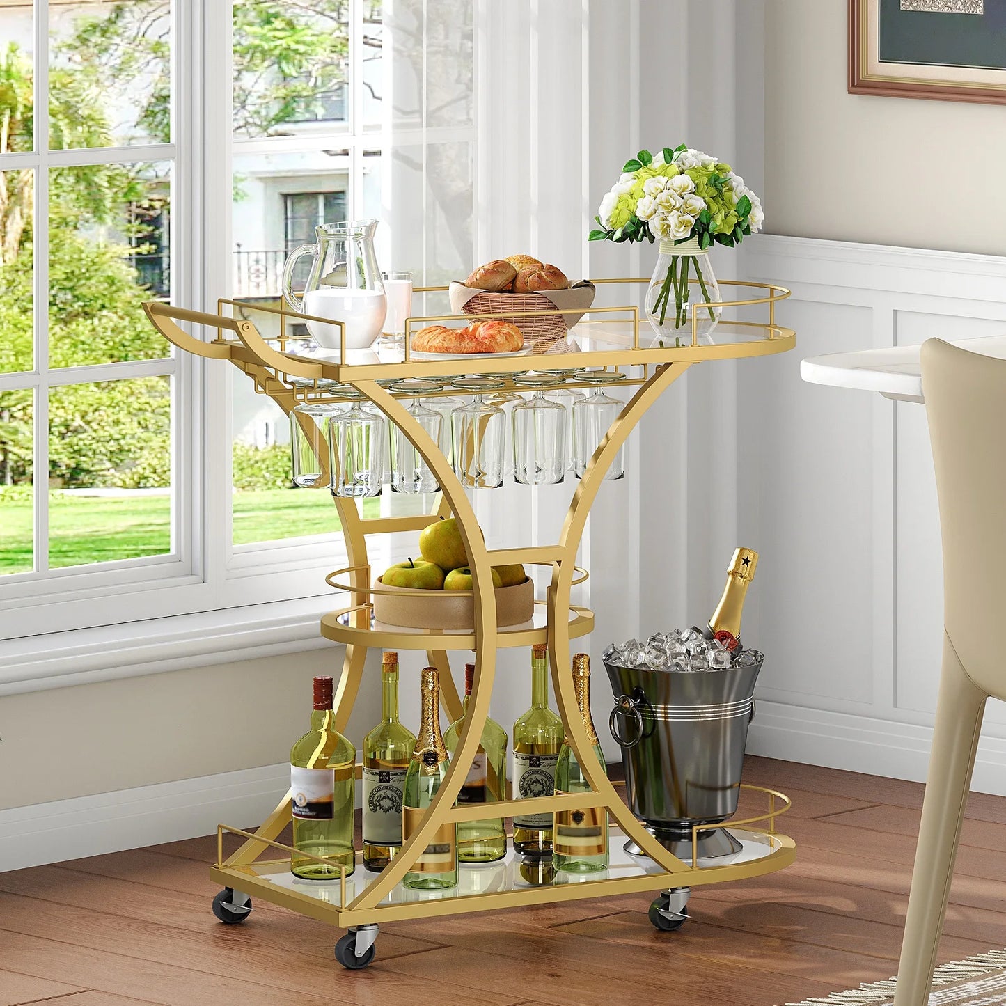 HOOBRO Bar Cart with Wheels and Tempered Glass Shelves