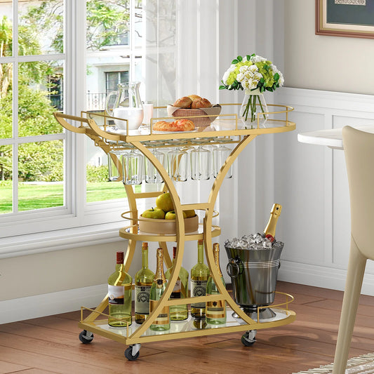 HOOBRO Bar Cart with Wheels and Tempered Glass Shelves