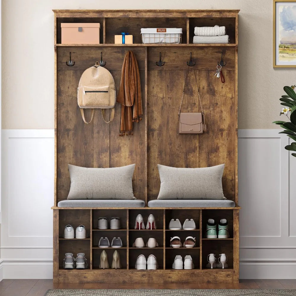 Farmhouse Hall Tree With Bench Shoe Storage Coat Rack