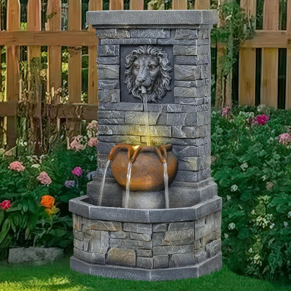 Outdoor Floor Standing Lion Head Water Fountain With Lights