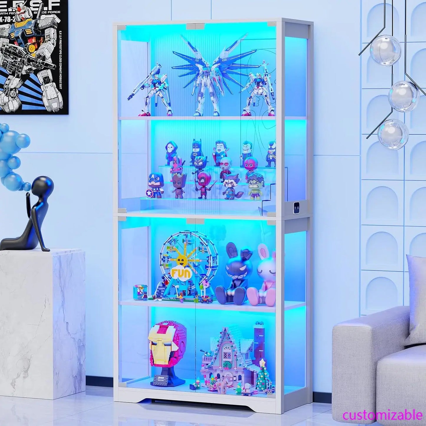 XMSJ Glass Display Cabinet With 4 Tier Curio Shelves And LED Lighting For Collectibles