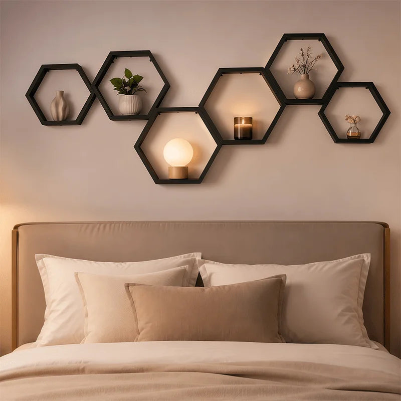Wooden Hexagon Floating Wall Shelves For Home Decor